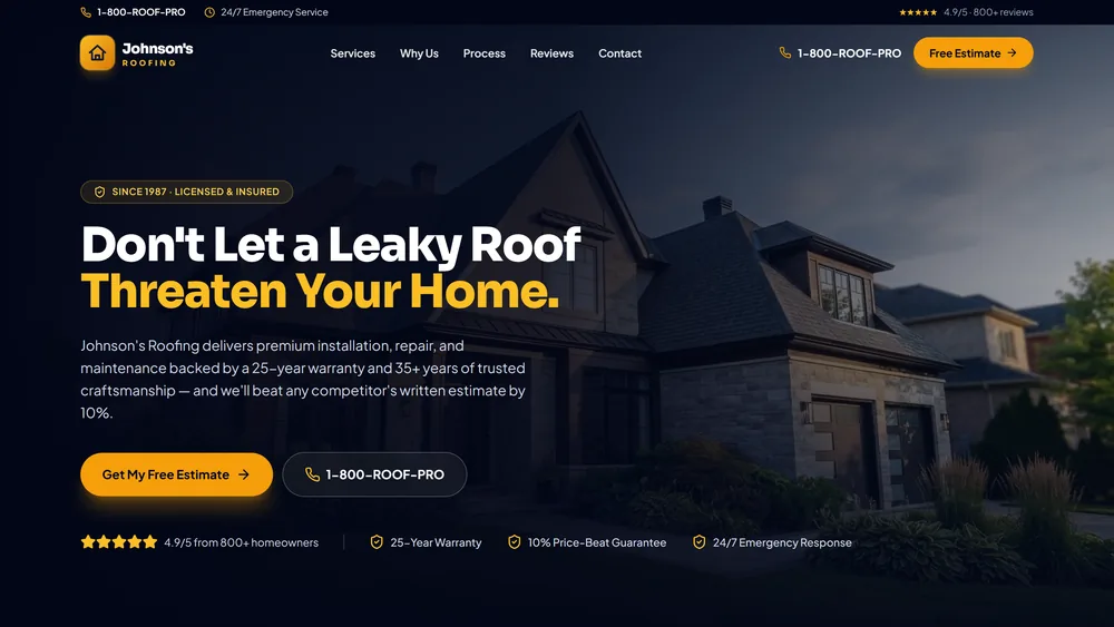 Modern, professional roofing website