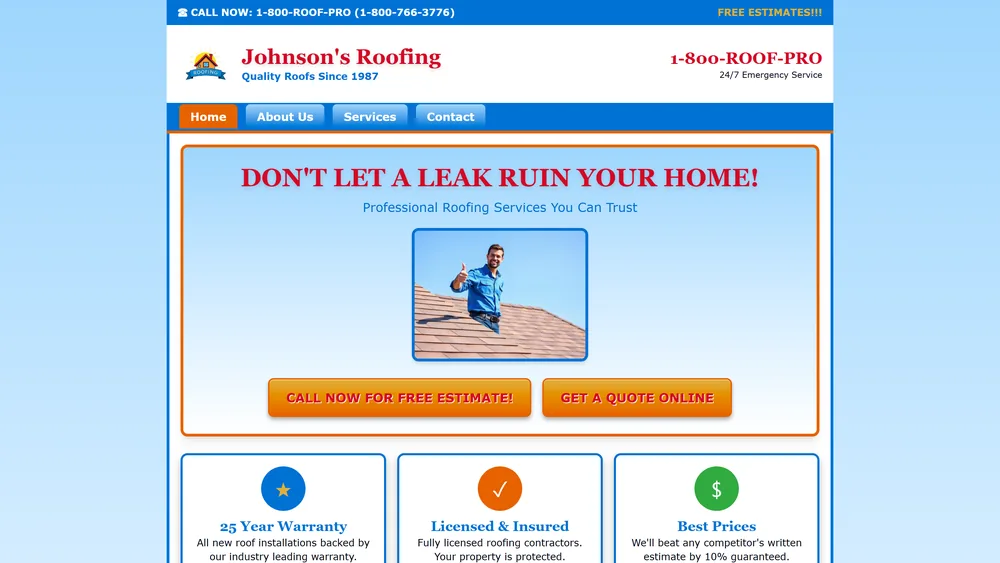 Outdated, dated-looking roofing website